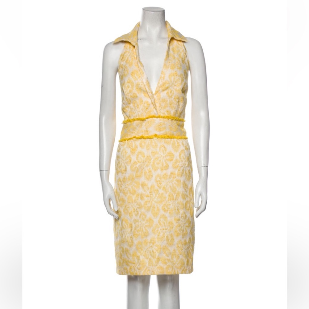 Theia Yellow Floral Printed Collared Halter Knee-Length Dress